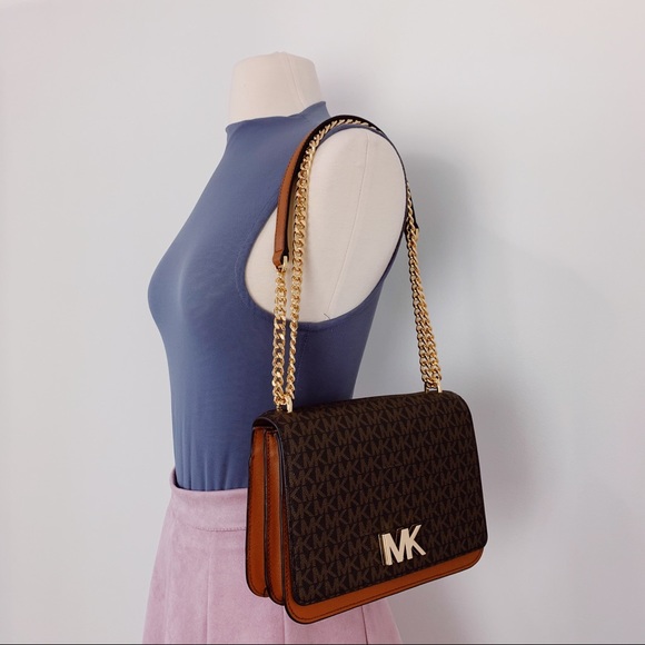 Michael Kors Mott Lg Chain Shoulder Leather Brown - Picture 3 of 14